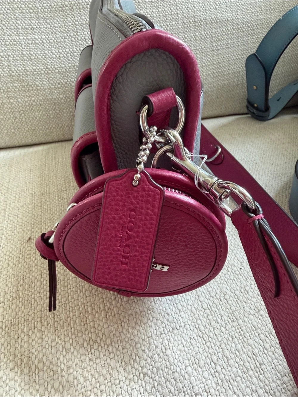 Coach Gray Pebbled Leather Crossbody with Magenta Trim